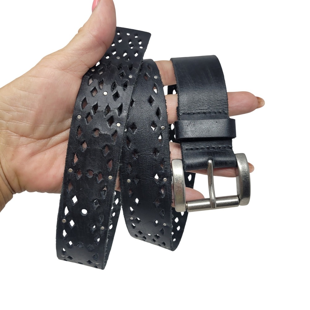 Arizona Jean Co Black Leather Belt Laser Cut Diamond Studded Western 1.5" Sz L